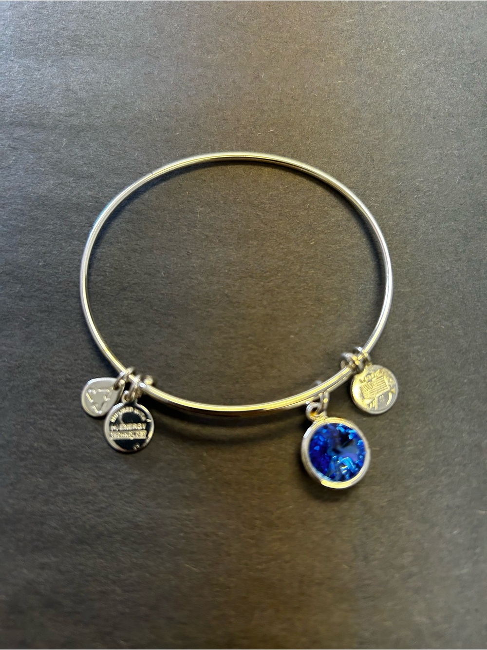 Alex and Ani Silver Bangle with Deep Blue Crystal Charm